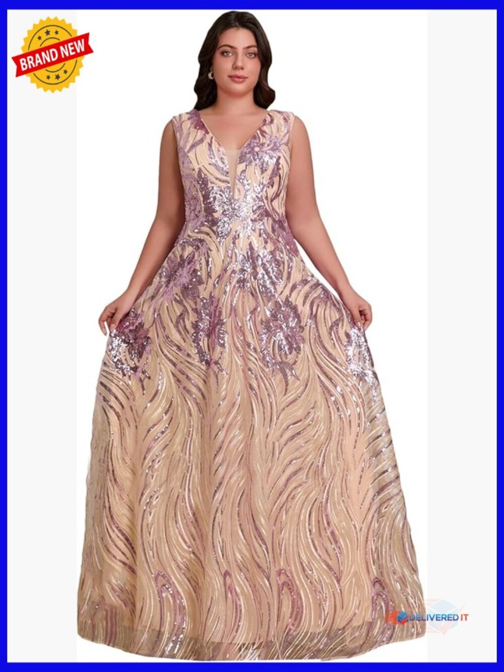 Plus Size Sleeveless Sequin Maxi Dress Lace Up Backless Evening Party Gown